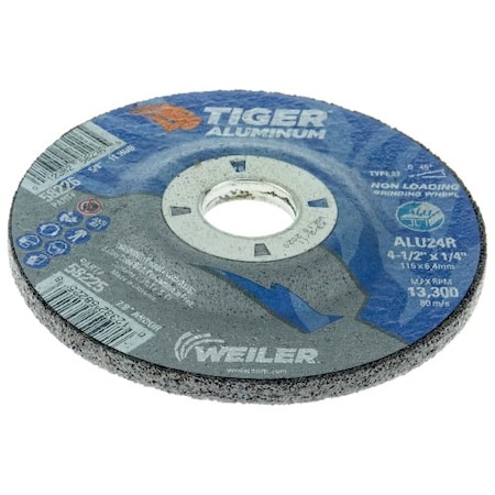 Weiler 4-1/2" x 1/4" TIGER ALUMINUM Type 27 Grinding Wheel ALU24R 7/8 A.H. 58225